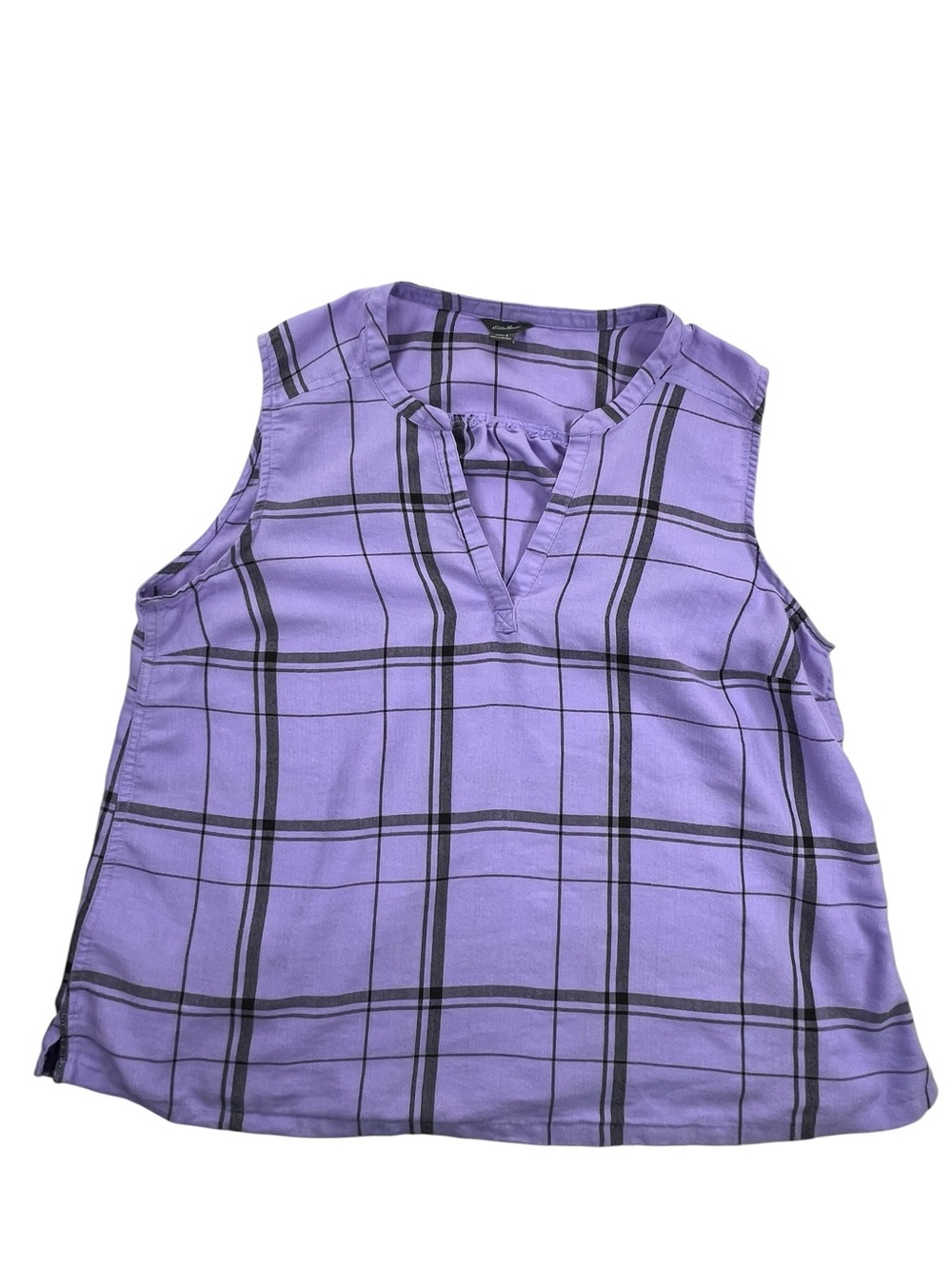 Eddie Bauer Sleeveless Plaid V-Neck Top Lavender Purple Windowpane Size Large